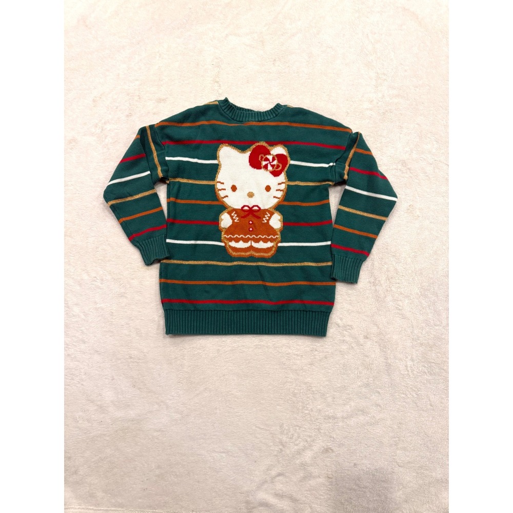 Hello Kitty Sanrio Gingerbread Holiday Sweater Green Striped Metallic Womens S - Picture 2 of 6